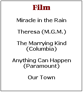 Text Box: Film
Miracle in the Rain
Theresa (M.G.M.)
The Marrying Kind (Columbia)
Anything Can Happen (Paramount)
Our Town 
It could Happen to you
&nbsp;
